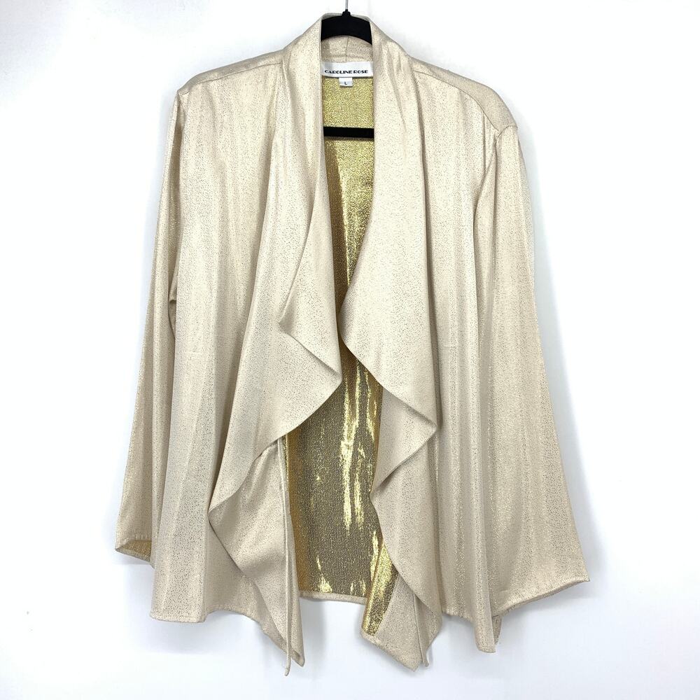 Caroline Rose Jacket Womens Large Gold Open Front Draped Waterfall Shimmering